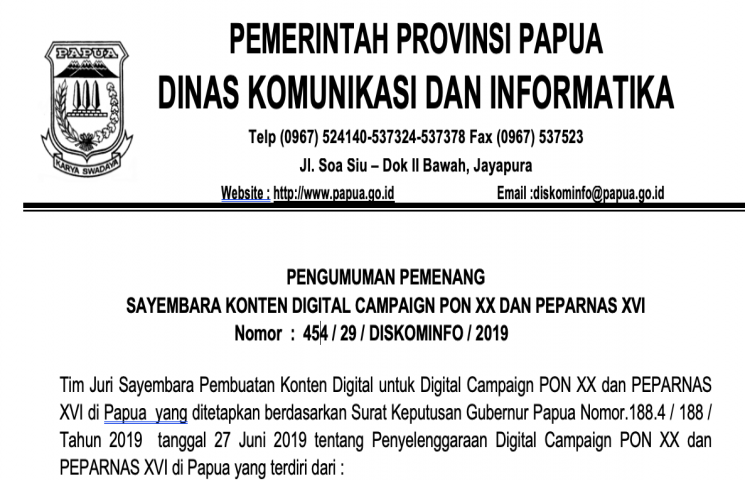 Pengumuman Pemenang Sayembara Konten Digital Campaign PON XX 